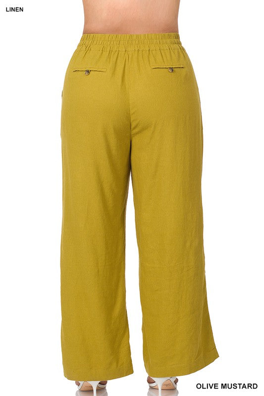 Plus Linen Drawstring-Waist Pants with Pockets