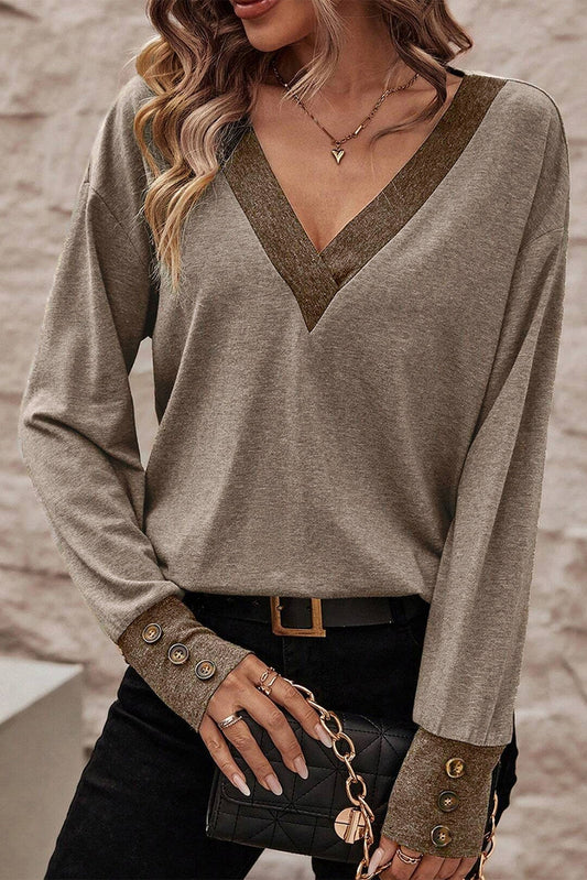 V Neck Button Cuffed Long Sleeve Tops