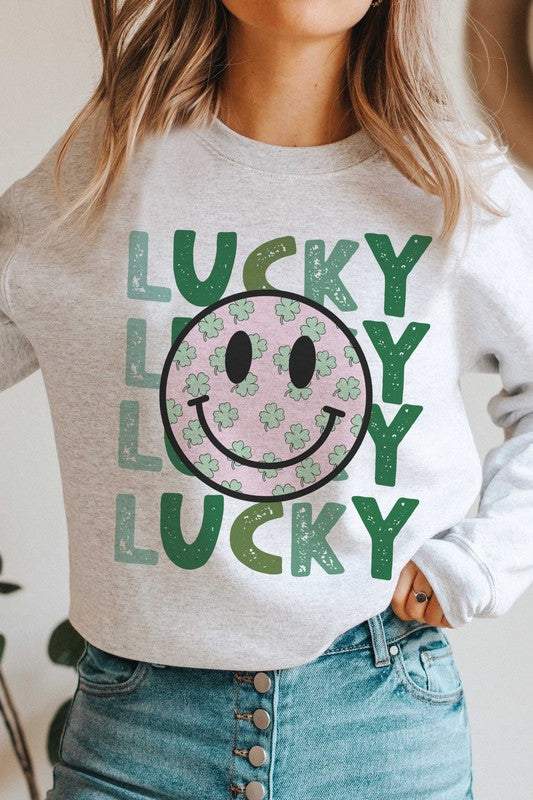 Lucky Clover Happy Face Graphic Sweatshirt